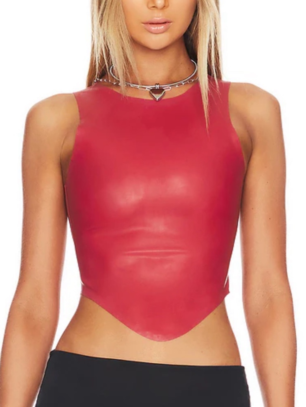 MIAOU Red Faux-Leather Pointed Hem Crop Top